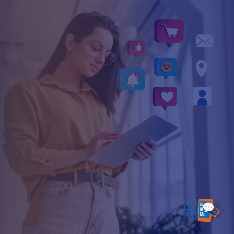 Mulher usando tablet com ícones de redes sociais – gestão de redes sociais