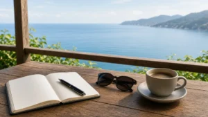 Caderno aberto com caneta, xícara de café e óculos de sol sobre mesa de madeira em varanda com vista para o mar, ilustrando copywriting para turismo