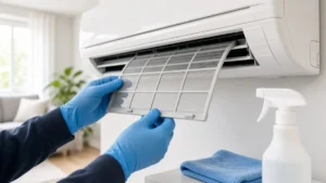 Técnico fazendo limpeza de filtro, exemplo de como divulgar manutenção de ar-condicionado