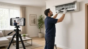 Celular gravando vídeo de limpeza de ar-condicionado split, inspiração de ideias de posts para ar-condicionado