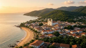 Vista aérea de cidade litorânea com praia, centro histórico, igreja colonial e morros verdes ao entardecer, ilustrando marketing de destinos turísticos