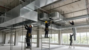 Equipe técnica instalando sistema de dutos em prédio comercial, ilustrando marketing para empresas de climatização