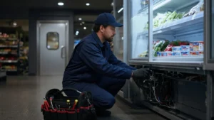 Técnico fazendo manutenção em balcão refrigerado de supermercado, tema de marketing para refrigeração comercial