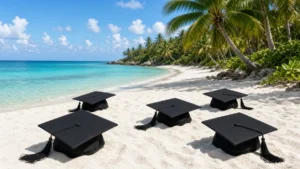 Praia tropical com mar azul-turquesa, coqueiros e chapéus de formatura sobre a areia, ilustrando marketing para viagens de formatura
