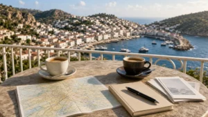 Mesa de café ao ar livre com mapa aberto, duas xícaras, caderno e folhetos, com vista para cidade litorânea e porto, ilustrando parcerias no turismo