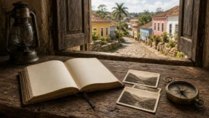 Diário de viagem antigo aberto com fotografias, bússola e lampião sobre mesa rústica junto a janela com vista para vila histórica, ilustrando storytelling no turismo
