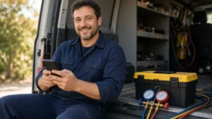 Técnico de ar-condicionado respondendo cliente pelo celular, exemplo de WhatsApp para técnico de ar-condicionado